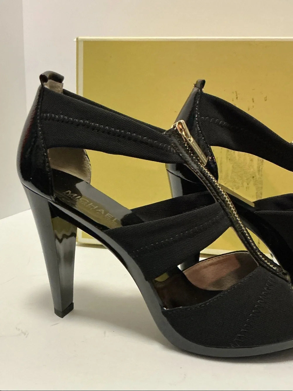 Michael Kors Black Patent and Gold Zip Front Heels